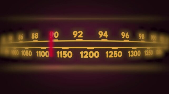 Retro Radio Dial Frequency Display Scaler or Amplifier Animation on black background. Analog Vintage Style 
indicator needle pointing to a specific frequency. marked with FM numbers 