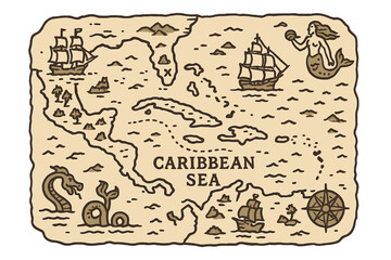 A hand-drawn vector illustration featuring an ancient pirate map of the Caribbean Sea, complete with ships, islands, and fantasy creatures, evoking pirate adventures and treasure hunts set against a