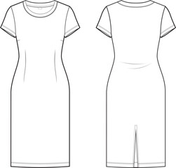 Flat technical sketch of a fitted women's casual knitted dress, front and back view, with crew neck, short sleeves, vertical darts, back slit and opening. Ideal for fashion design, pattern making. 