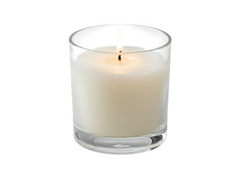 A single white candle in a clear glass container, isolated on transparent background