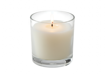 A single white candle in a clear glass container, isolated on transparent background