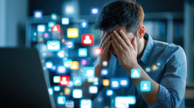 Man overwhelmed by digital notifications. Frustrated person holding head in hands surrounded by floating app icons, representing social media overload and digital stress