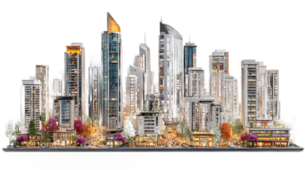 Modern Cityscape at Night Illuminated Skyscrapers and Street Level