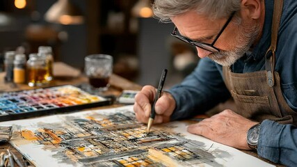 Senior Artist Creating Urban Landscape Sketch with Watercolor and Ink, Wearing Apron and Glasses, at Wooden Desk in Studio - Powered by Adobe