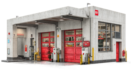 Modern Concrete Fire Station Building with Red Doors