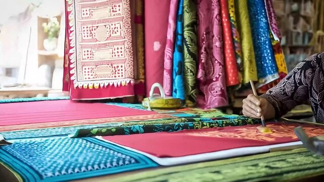 A smiling woman meticulously hand-paints a traditional batik pattern onto red fabric with a brush in a colorful workshop