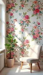 Elegant floral wallpaper adorns a sunlit interior, creating a vibrant and charming atmosphere Perfect for home decor, interior design, and spring themes , beautiful, elegant, house