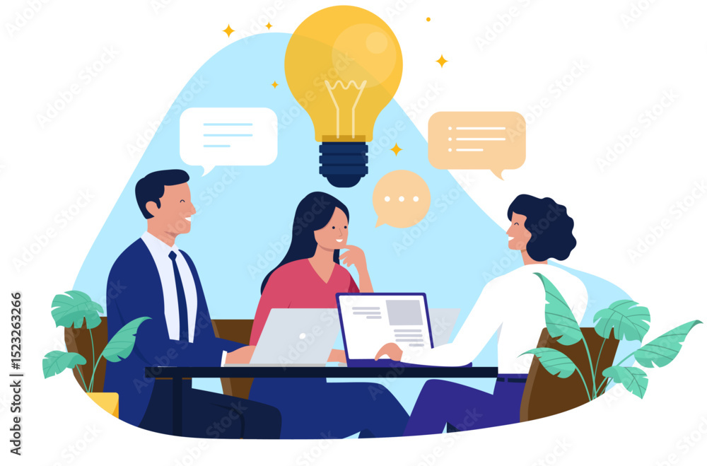 Poster Business team brainstorming and collaborating on new ideas, solving problems and developing strategy at a meeting with a giant lightbulb and speech bubbles, flat design vector illustration