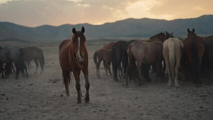 Wild horses running and grazing during sunset in the high desert mountains