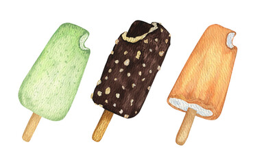 A set of multi-colored bitten ice cream with fillings in the middle. 