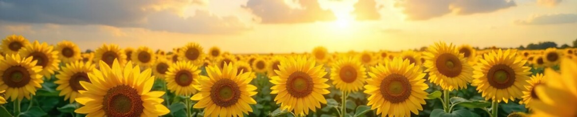 A vibrant, sunlit field of sunflowers stretches to the horizon, their bright yellow faces turned towards the sun, a testament to the beauty of honest, unadulterated joy , landscape, flora