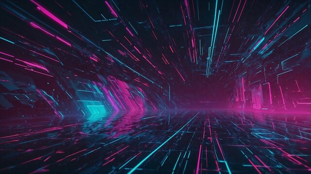 A computer image of a futuristic tunnel with glowing neon lines