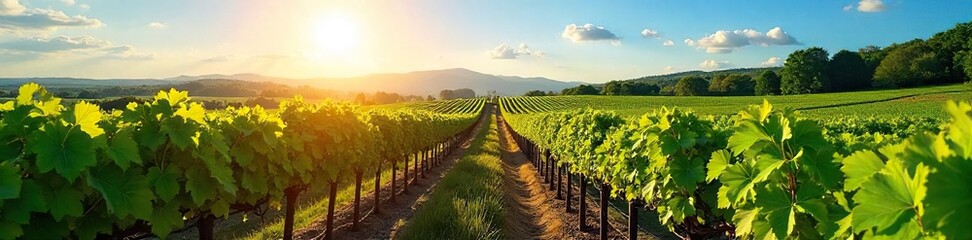 Fototapeta premium Sun-drenched rows of grapevines stretching to the horizon, lush green foliage under a vibrant blue sky A picturesque vineyard scene at a winery, ready for harvest , grape leaves, horizon