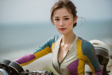 海沿いの砂浜でクラシックバイクとカラフルなバイクスーツを着た女性