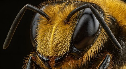 Macro Close-Up of a Honey Bee Face with Detailed Compound Eyes, Antennae and Golden Hair on Black Background