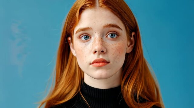 Fiery-haired Beauty: A close-up shot captures the captivating gaze of a beautiful woman with vibrant red hair and delicate freckles against a calm blue background.
