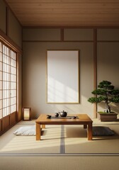 Blank Vertical Frame Mockup in a Serene Japanese Interior