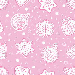 Christmas Abstract Pattern. Seamless Print with Christmas Ornaments. Christmas Balls, Bell, Heart, Star, Gift Box, Flower. Winter Holiday Background. Vector illustration in White, Pink