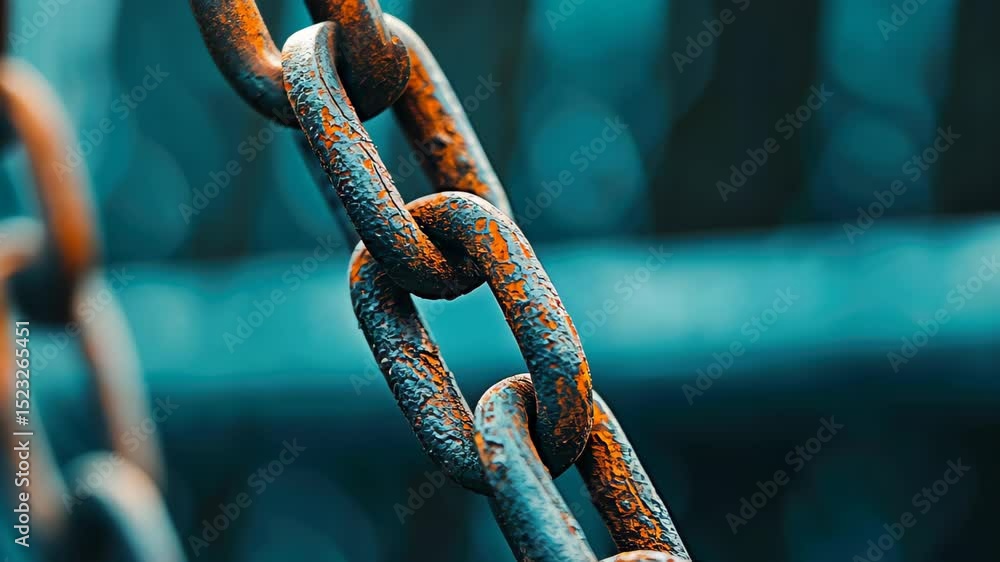 Poster Rusty Chain Close-Up: A macro shot captures the intricate details of a weathered chain, its surface adorned with rich orange rust against a softly blurred teal background.