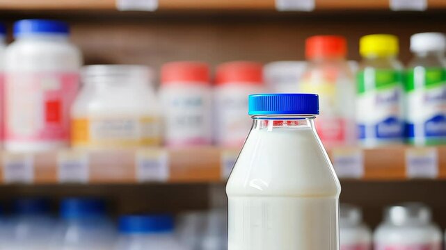 Milk Bottle on Shelf: A close-up shot of a plastic bottle of milk with a blue cap sits on a shelf in a store, with various other bottles and containers blurred in the background.