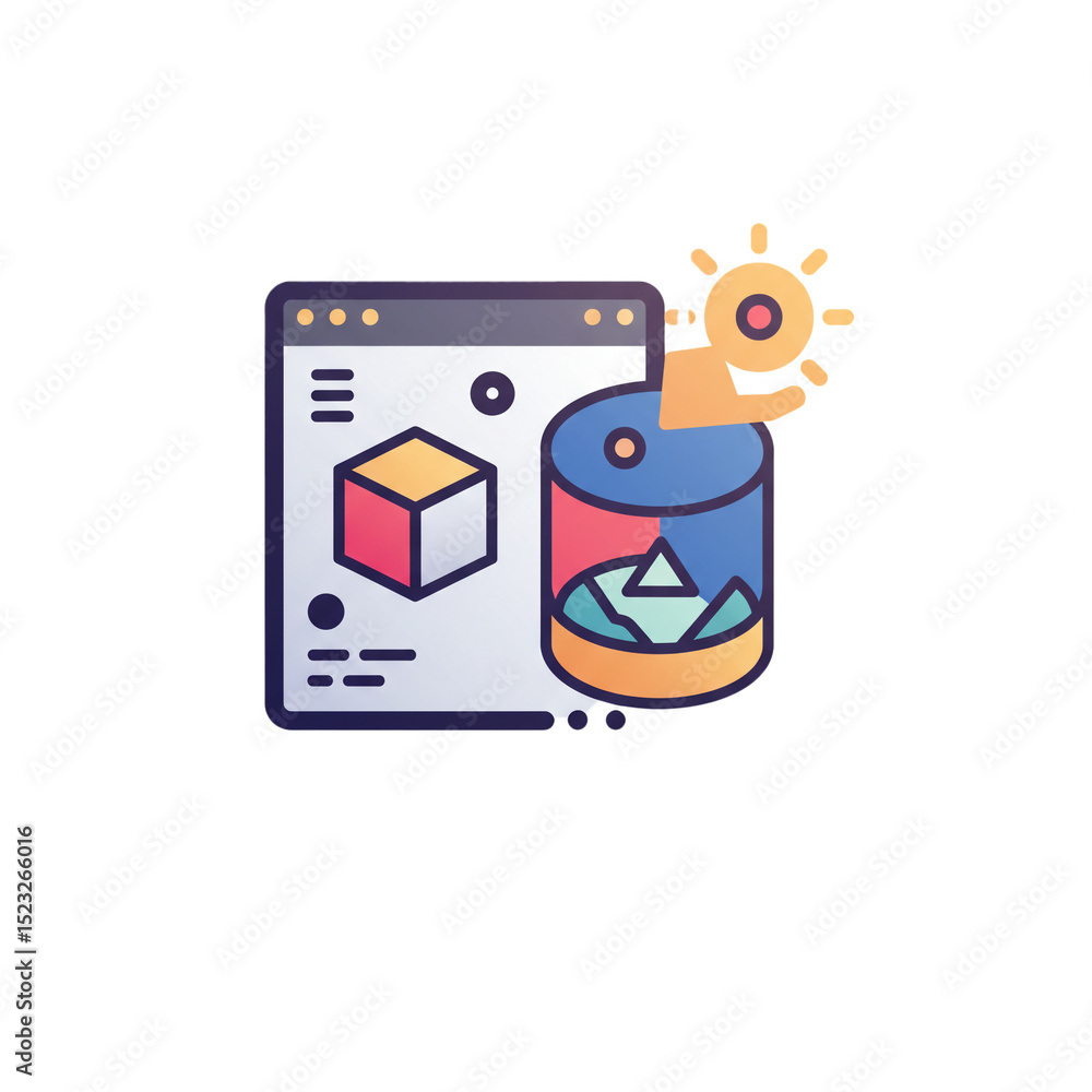 Aufkleber modern 3d design and visualization concept featuring a cube and cylinder with iconography
