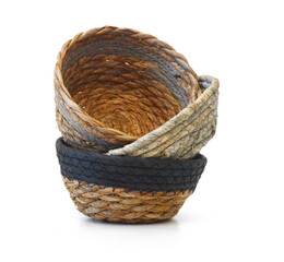 Empty wooden fruit or bread basket on white background