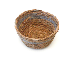 Empty wooden fruit or bread basket on white background