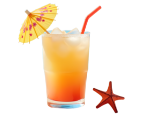 Beach style mixed cocktail with seashell and umbrella decor on white.