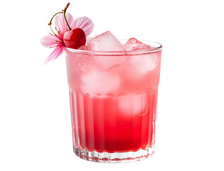 Cherry blossom mocktail with pink hue and cherry garnish white background.