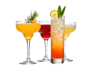 Cocktail tower with three stacked drinks isolated on white.