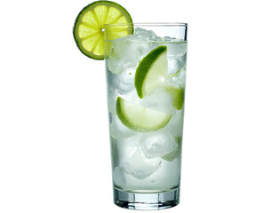Dry gin and tonic with lime wedge and ice highball glass isolated.
