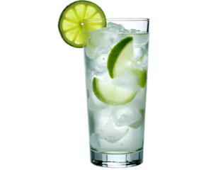 Dry gin and tonic with lime wedge and ice highball glass isolated.