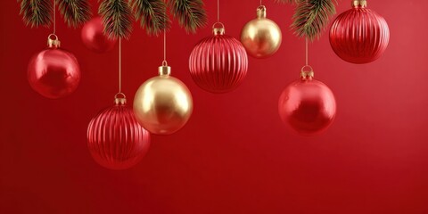 Obraz premium Close-up of red and gold Christmas ornaments hanging on a green tree branch with bokeh background.