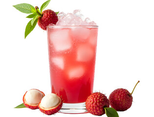 Lychee and soda cooler with fresh lychees and crushed ice on white.