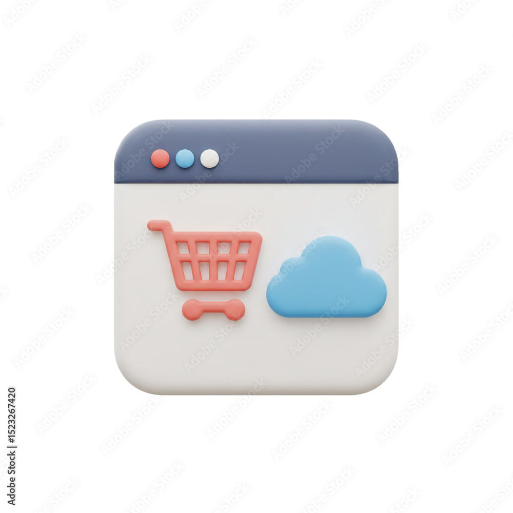 Poster 3d render of an online shopping cart with cloud computing concept and interface icon