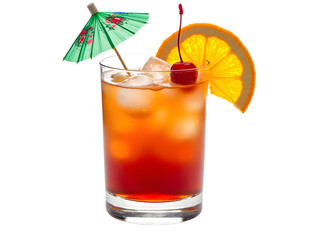 Rum punch with orange cherry and umbrella garnish isolated on white.