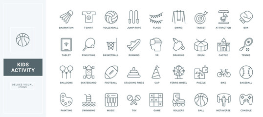 Balls and toys, birthday cap and balloon, swing thin black outline symbols vector illustration. Kindergarten and school games in park, sport equipment and entertainment line icons set.