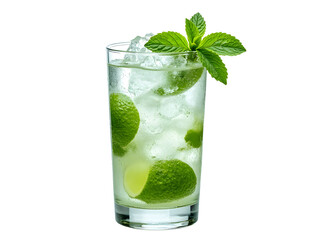 Virgin mojito with crushed ice and mint sprig in highball white backdrop.