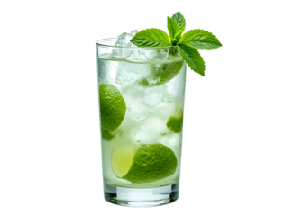 Virgin mojito with crushed ice and mint sprig in highball white backdrop.