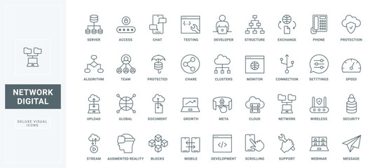 Digital services for information exchange, share and transfer, cloud access protection thin black and red outline symbols, vector illustration. Digital data, network communication line icons set