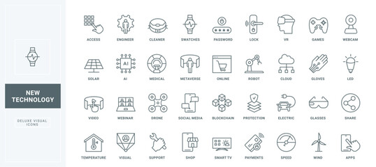 Robot and drone, cloud data protection and blockchain, mobile apps for social media and online payment thin black and red symbols vector illustration. New smart technology of future line icons set