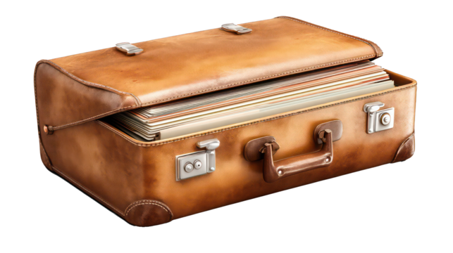 A stylized 3D briefcase slightly open with documents peeking out, elegant and professional rendering, isolated on transparent background 