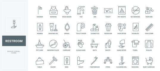WC and shower pictogram, restroom wayfinding, cleaning tool thin black outline symbols vector illustration. Toilet and bathroom, sanitary equipment and detergents, cosmetics line icons set.