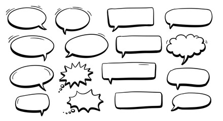 Set of hand-drawn speech bubbles in various shapes