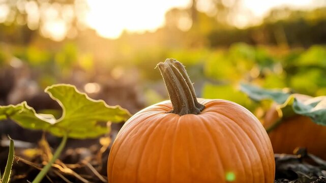 Ripe orange pumpkins growing in a field at golden hour. Leaves surround the autumn vegetables in a rural setting with warm sunlight.