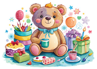 Fototapeta premium Teddy Bear Birthday SVG – Watercolor Bear with Balloon Clipart for Kids’ Crafts, Cards, and Party Decor