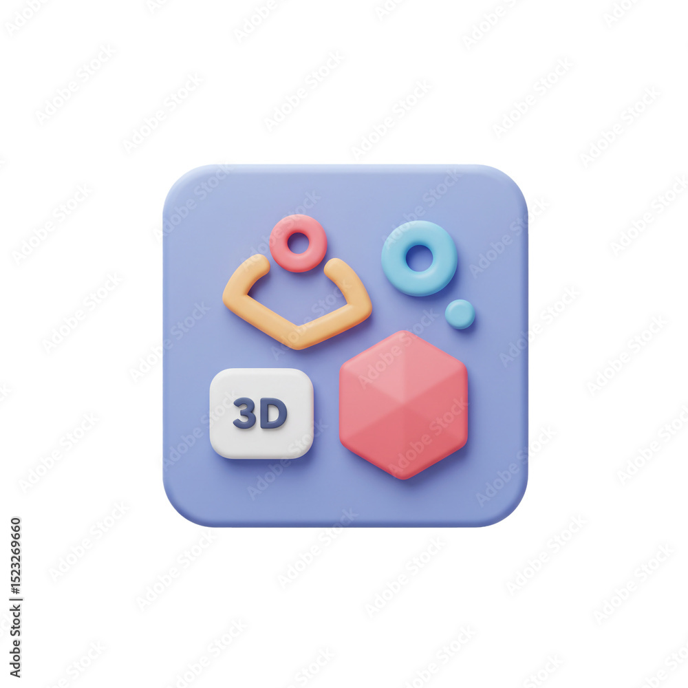 Poster modern 3d graphic design icon with abstract shapes and elements on a purple background
