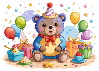 Obraz premium Teddy Bear Birthday SVG – Watercolor Bear with Balloon Clipart for Kids’ Crafts, Cards, and Party Decor