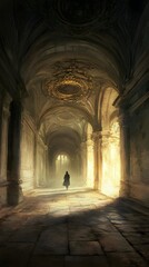 A lone figure walking through a sunlit, ancient hallway.