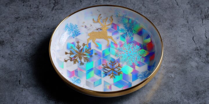 Decorative white plate with a black deer and snowflake pattern on a wooden surface, winter theme.